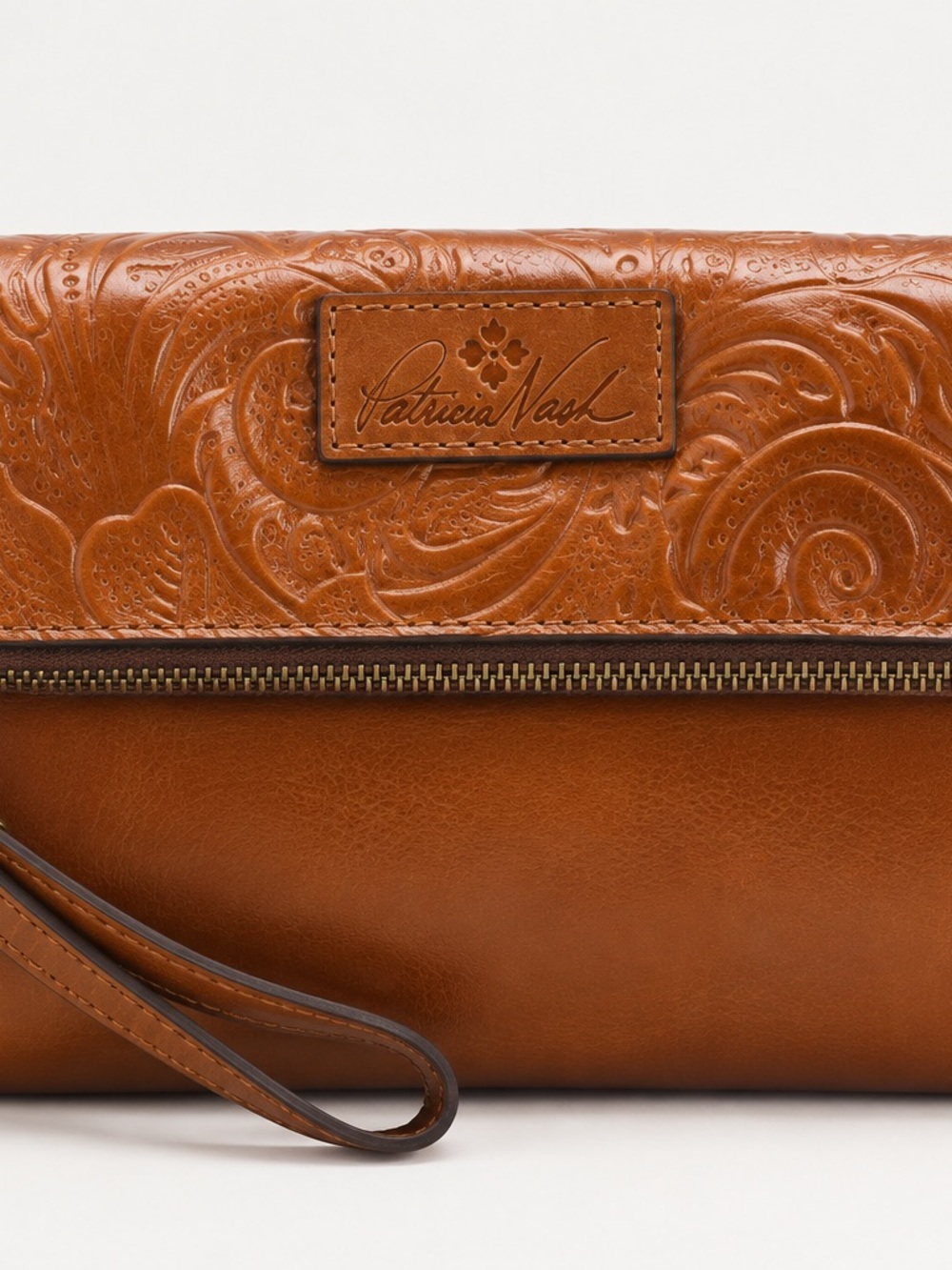 Patricia Nash Tan Valerie Tooled Embossed Leather Fold-over Wristlet Clutch